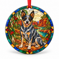 Original Australian Cattle Dog stained glass style porcelain Christmas ornament with red ribbon