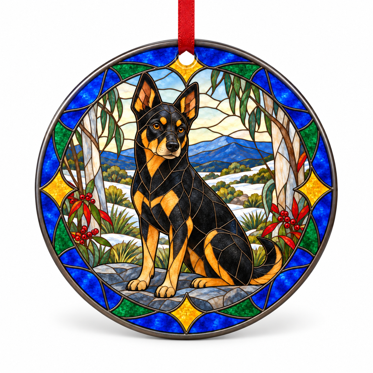 Black Tan Australian Kelpie stained glass style porcelain Christmas ornament with red ribbon