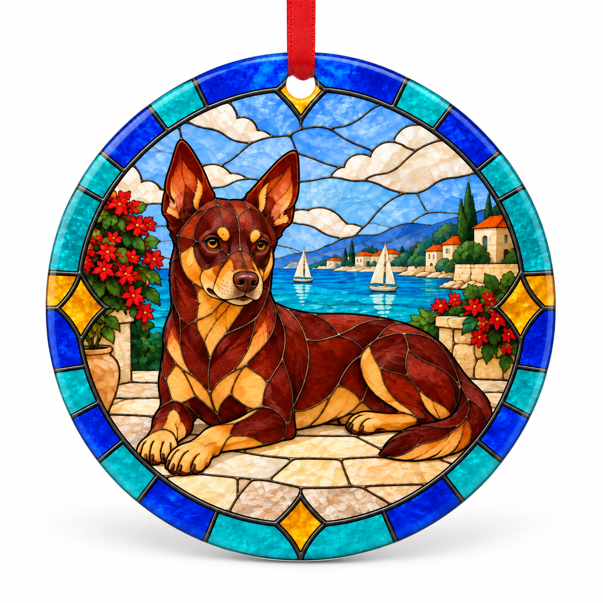 Red Tan Australian Kelpie stained glass style porcelain Christmas ornament with red ribbon