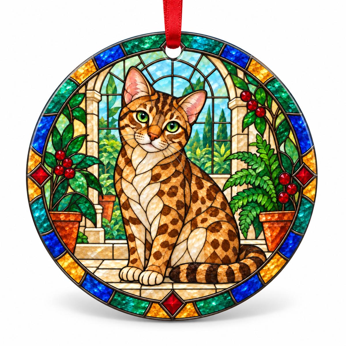 Original Australian Mist stained glass style porcelain Christmas ornament with red ribbon