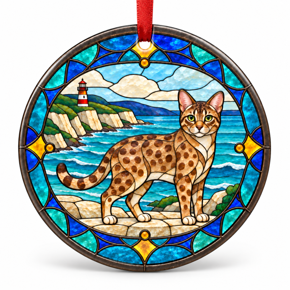 Chocolate Spotted Australian Mist stained glass style porcelain Christmas ornament with red ribbon