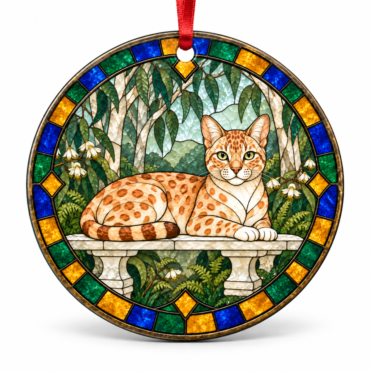 Peach Spotted Australian Mist stained glass style porcelain Christmas ornament with red ribbon
