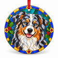 Original Australian Shepherd stained glass style porcelain Christmas ornament with red ribbon