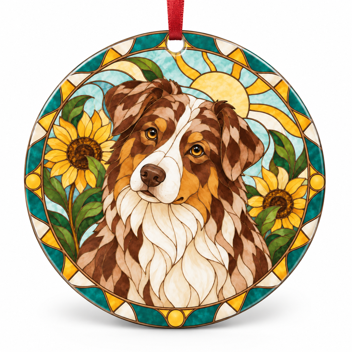 Red Merle Australian Shepherd stained glass style porcelain Christmas ornament with red ribbon