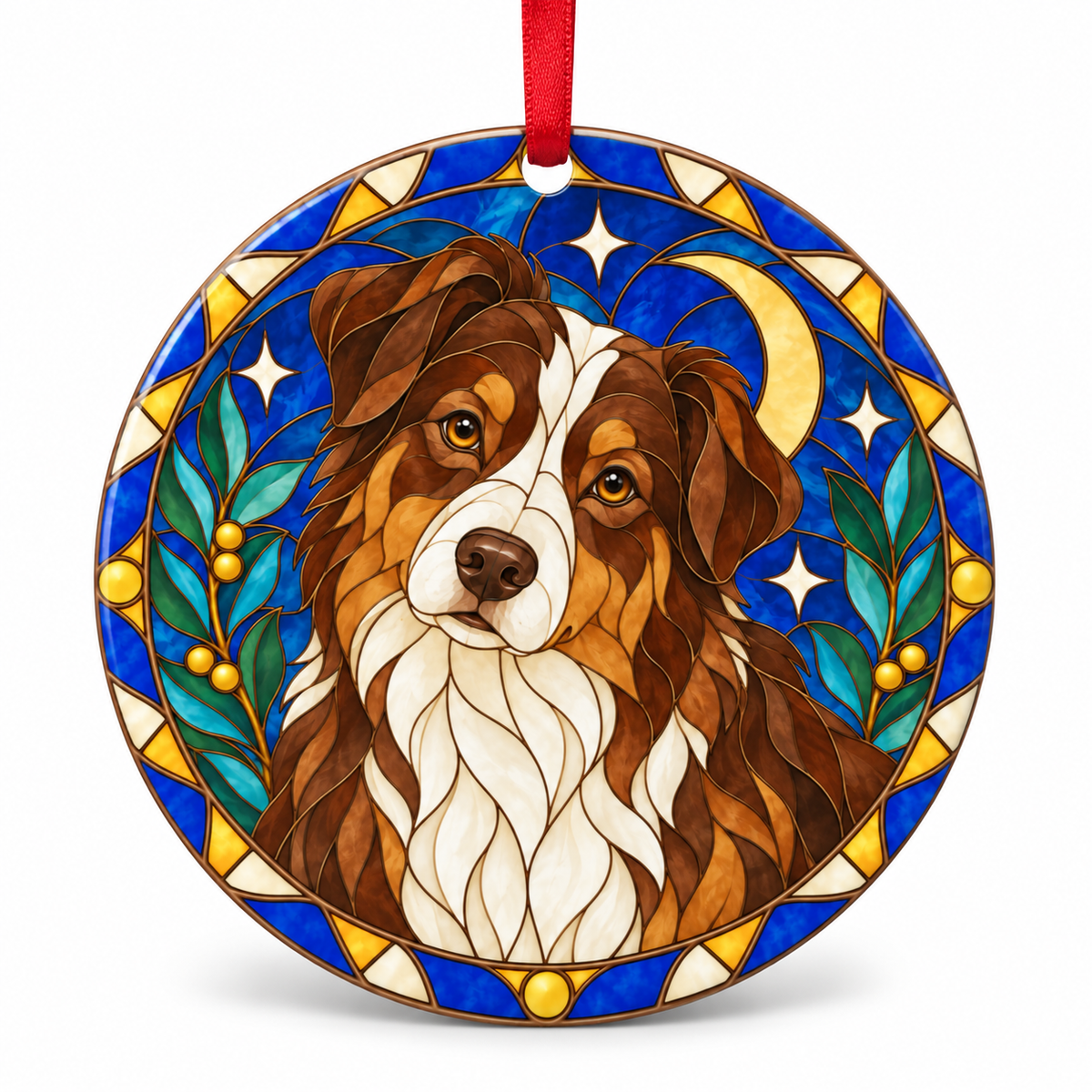 Red Tricolor Australian Shepherd stained glass style porcelain Christmas ornament with red ribbon