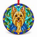 Original Australian Silky Terrier stained glass style porcelain Christmas ornament with red ribbon