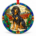 Original Austrian Black and Tan Hound stained glass style porcelain Christmas ornament with red ribbon