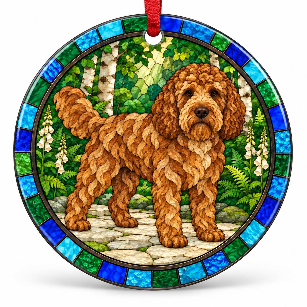 Fawn Barbet stained glass style porcelain Christmas ornament with red ribbon