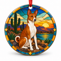 Original Basenji stained glass style porcelain Christmas ornament with red ribbon