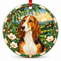 Original Basset Artésien Normand stained glass style porcelain Christmas ornament with red ribbon