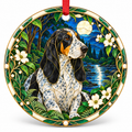 Original Basset Bleu de Gascogne stained glass style porcelain Christmas ornament with red ribbon