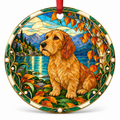 Original Basset Fauve de Bretagne stained glass style porcelain Christmas ornament with red ribbon