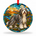 Original Bearded Collie stained glass style porcelain Christmas ornament with red ribbon