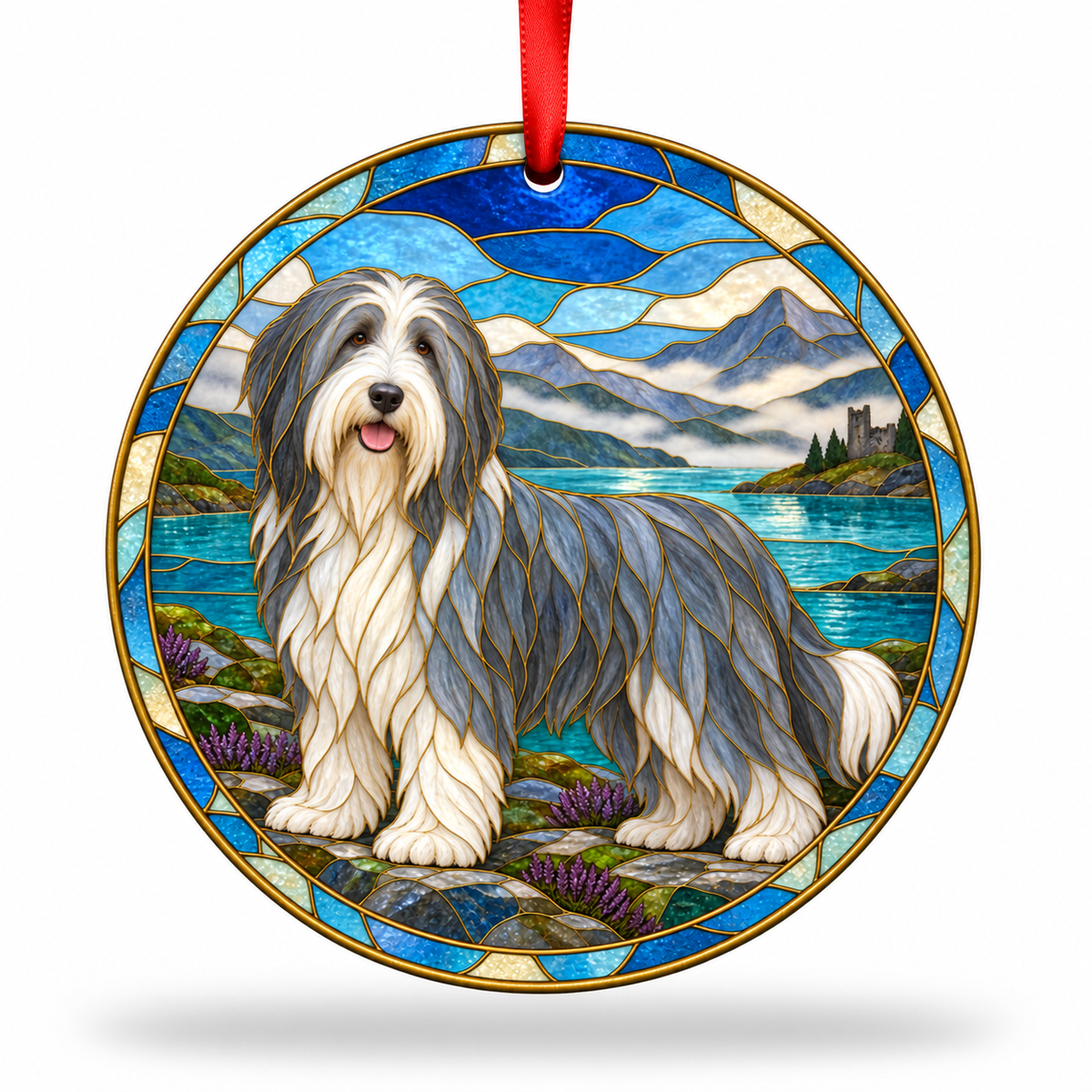 Blue And White Bearded Collie stained glass style porcelain Christmas ornament with red ribbon