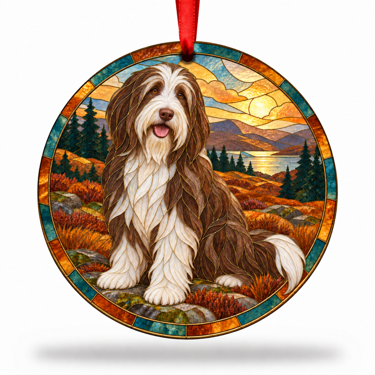 Brown And White Bearded Collie stained glass style porcelain Christmas ornament with red ribbon
