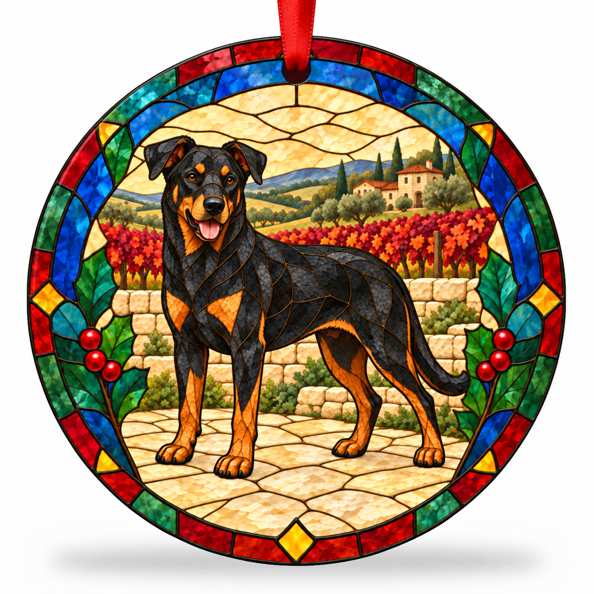 Original Beauce Sheepdog stained glass style porcelain Christmas ornament with red ribbon