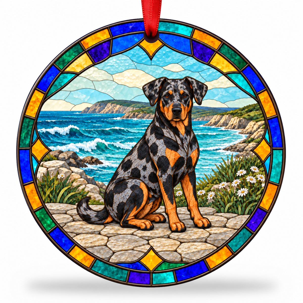 Harlequin Beauce Sheepdog stained glass style porcelain Christmas ornament with red ribbon