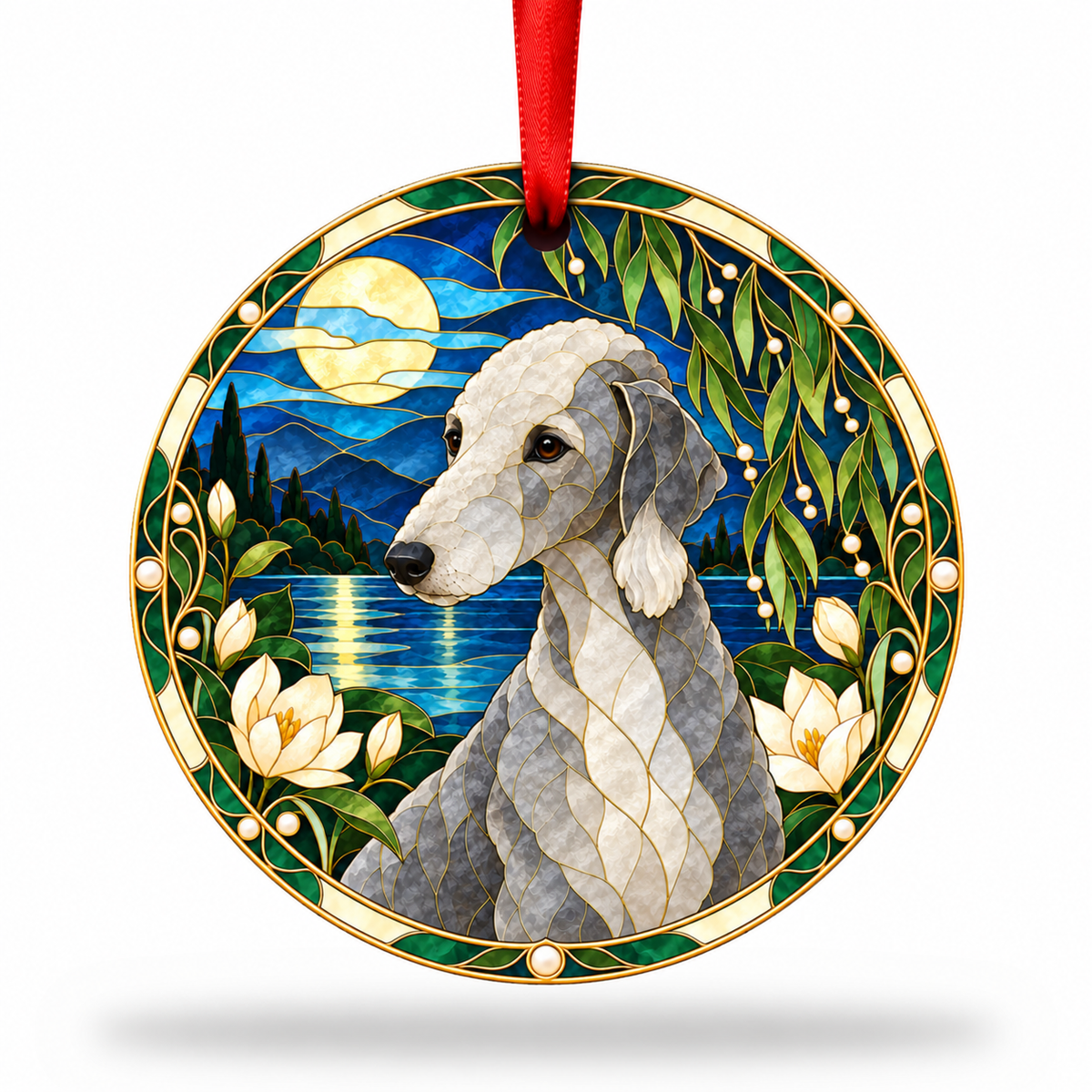 Original Bedlington Terrier stained glass style porcelain Christmas ornament with red ribbon