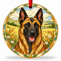 Original Belgian Malinois stained glass style porcelain Christmas ornament with red ribbon