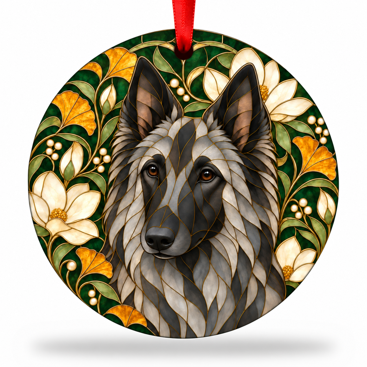Gray Black Overlay Belgian Tervuren stained glass style porcelain Christmas ornament with red ribbon