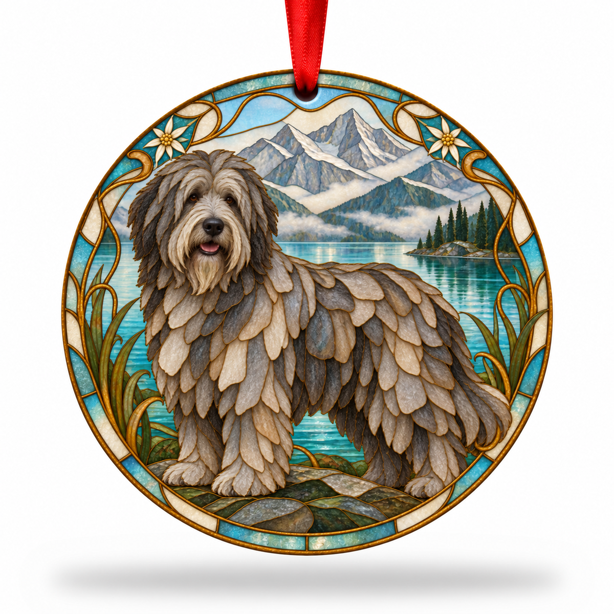 Gray Isabella Tinges Bergamasco Sheepdog stained glass style porcelain Christmas ornament with red ribbon