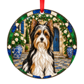 Black white and tan Biewer Terrier stained glass style porcelain Christmas ornament with red ribbon