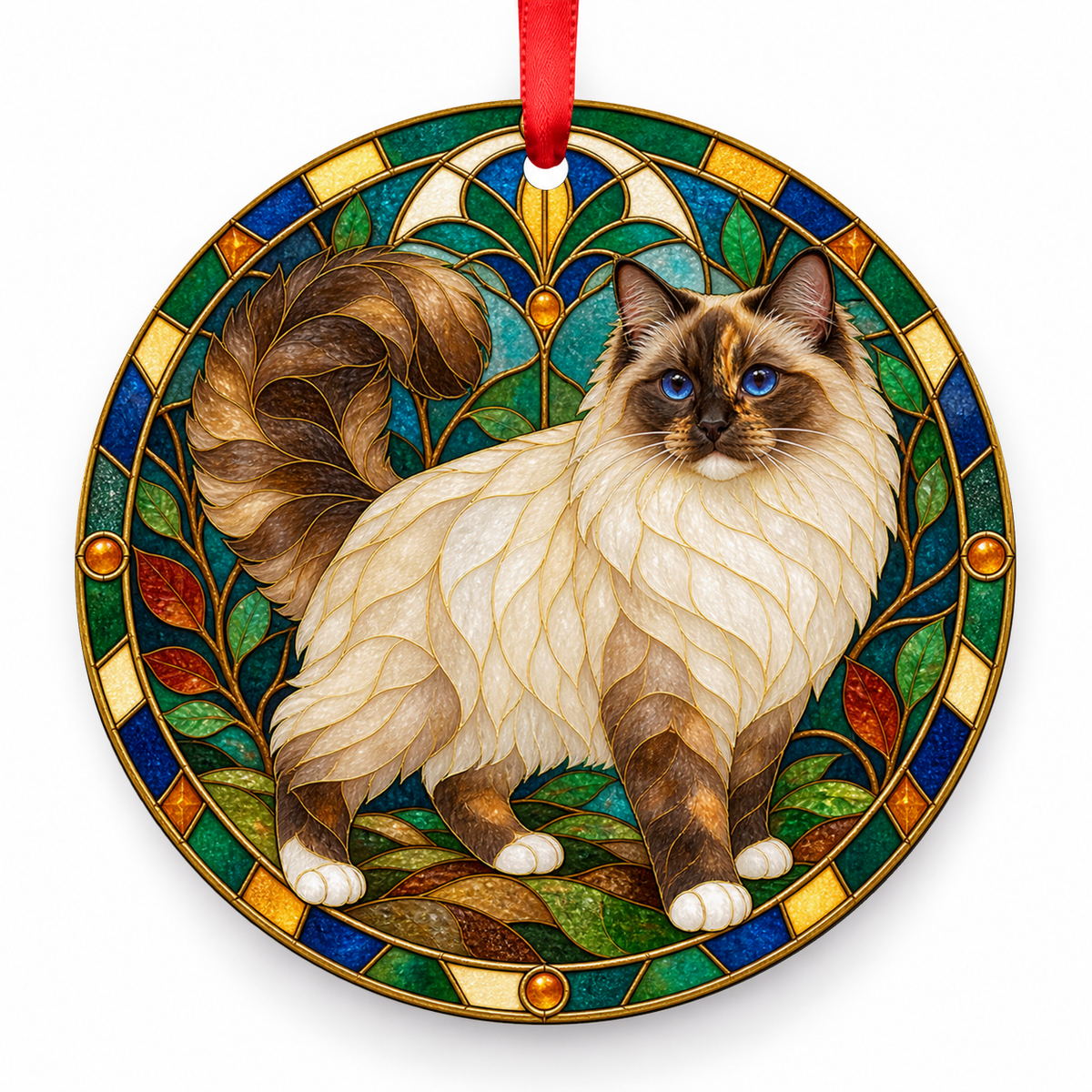 Birman Seal Tortie Point porcelain Christmas ornament with red ribbon — ORN-10266