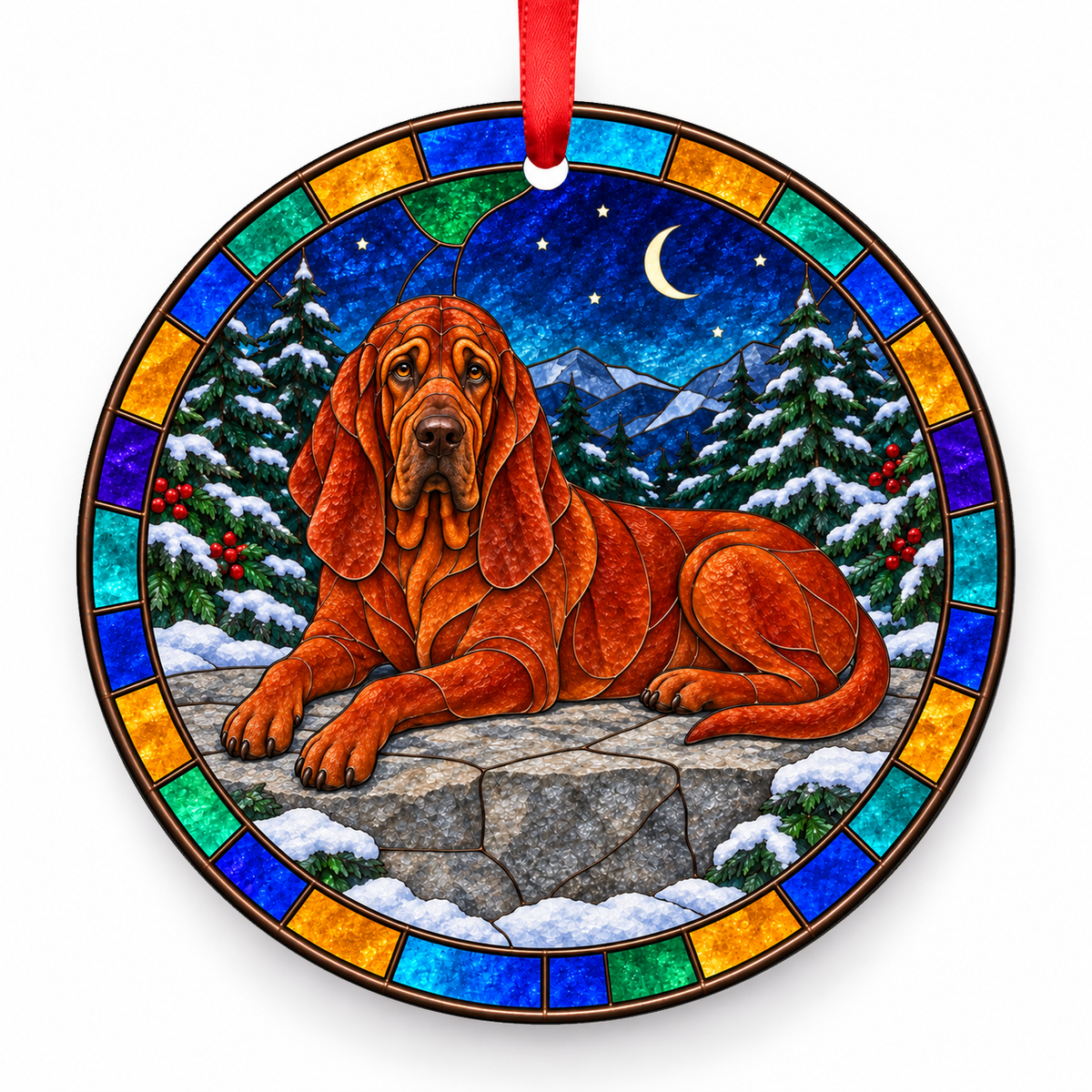 Bloodhound Solid Red porcelain Christmas ornament with red ribbon — ORN-10271