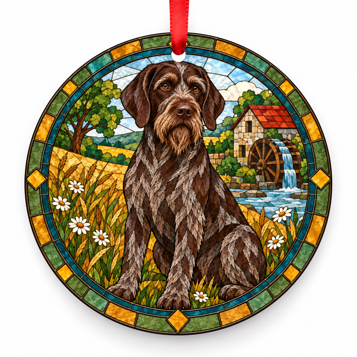 Bohemian Wire-Haired Pointing Griffon Brown Roan porcelain Christmas ornament with red ribbon — ORN-10279
