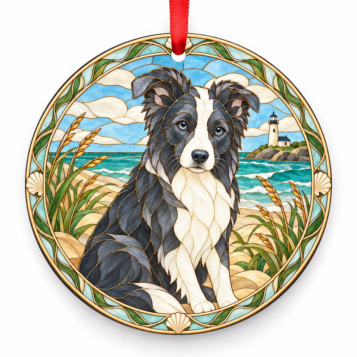 Border Collie Blue and White porcelain Christmas ornament with red ribbon — ORN-10283