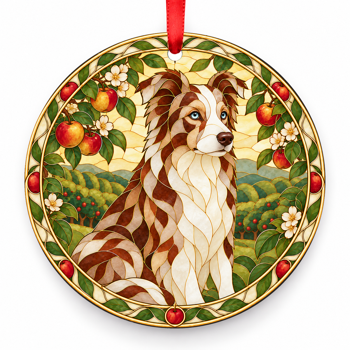 Border Collie Red Merle and White porcelain Christmas ornament with red ribbon — ORN-10287