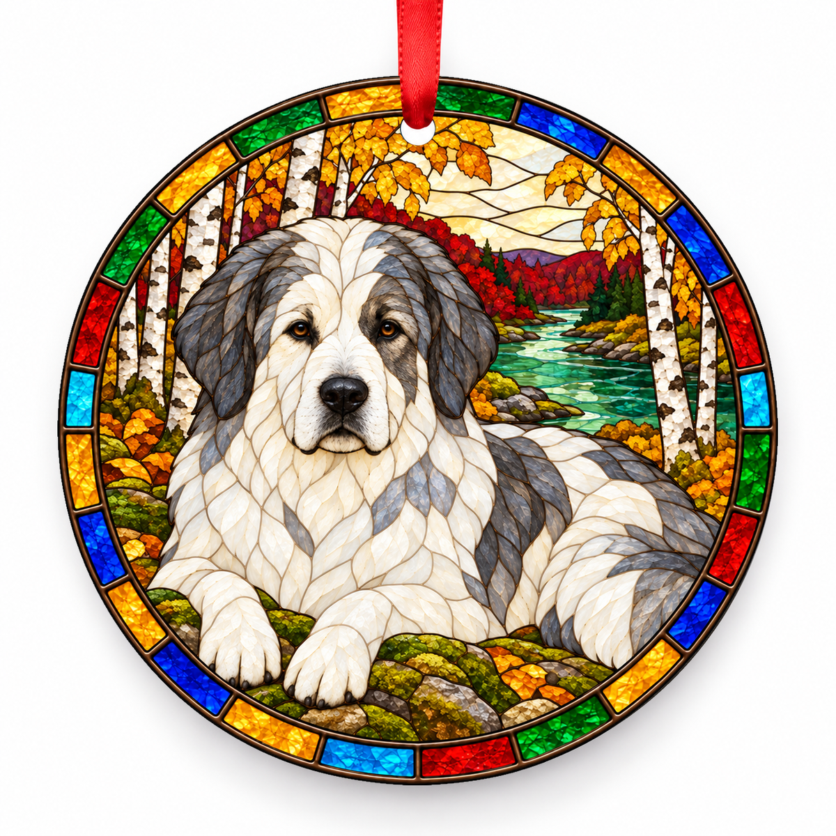 Bosnian and Herzegovinian - Croatian Shepherd Dog (Tornjak) Gray and White porcelain Christmas ornament with red ribbon — ORN-10300