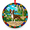 Boston Terrier Brindle and White porcelain Christmas ornament with red ribbon — ORN-10305