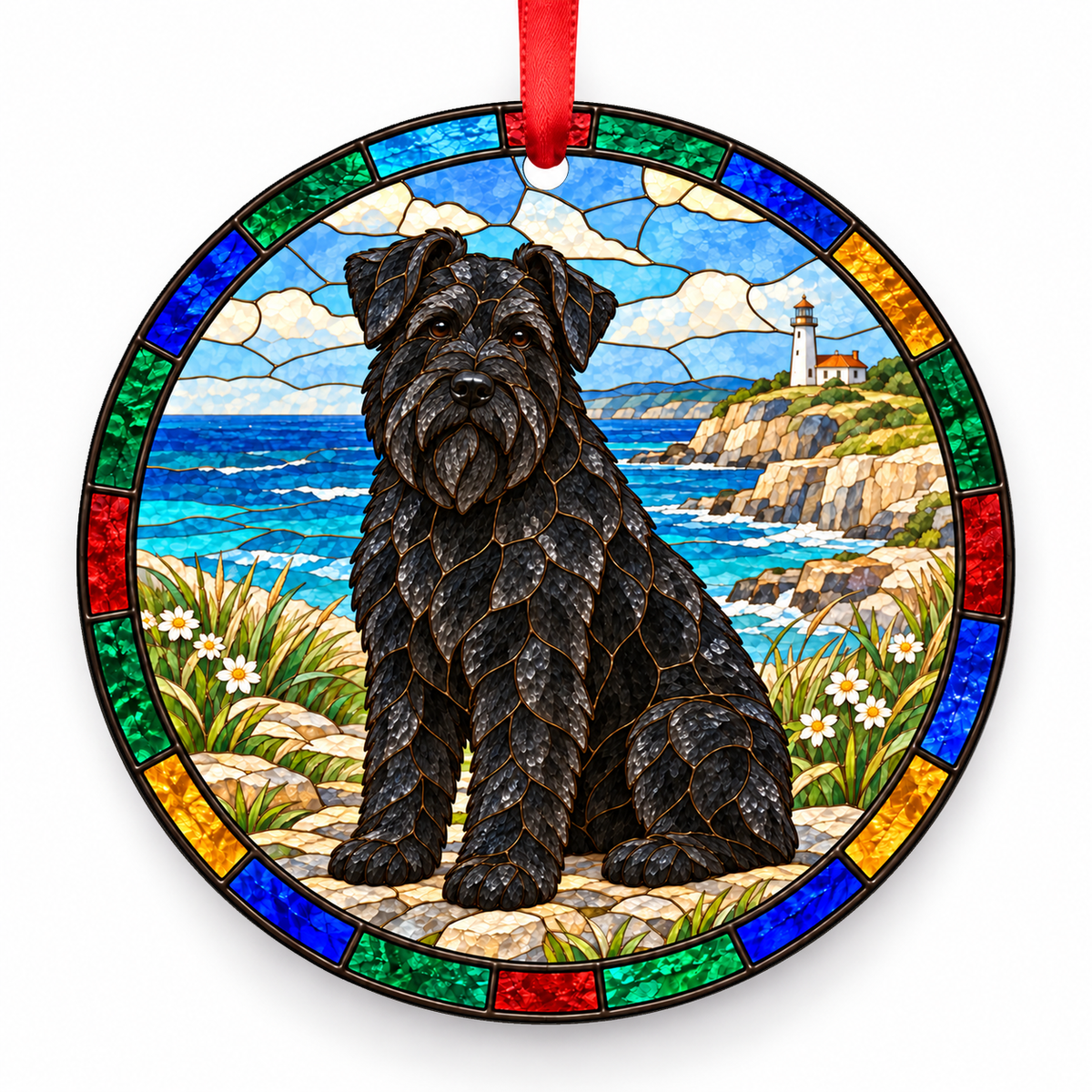 Bouvier des Flandres Black porcelain Christmas ornament with red ribbon — ORN-10313