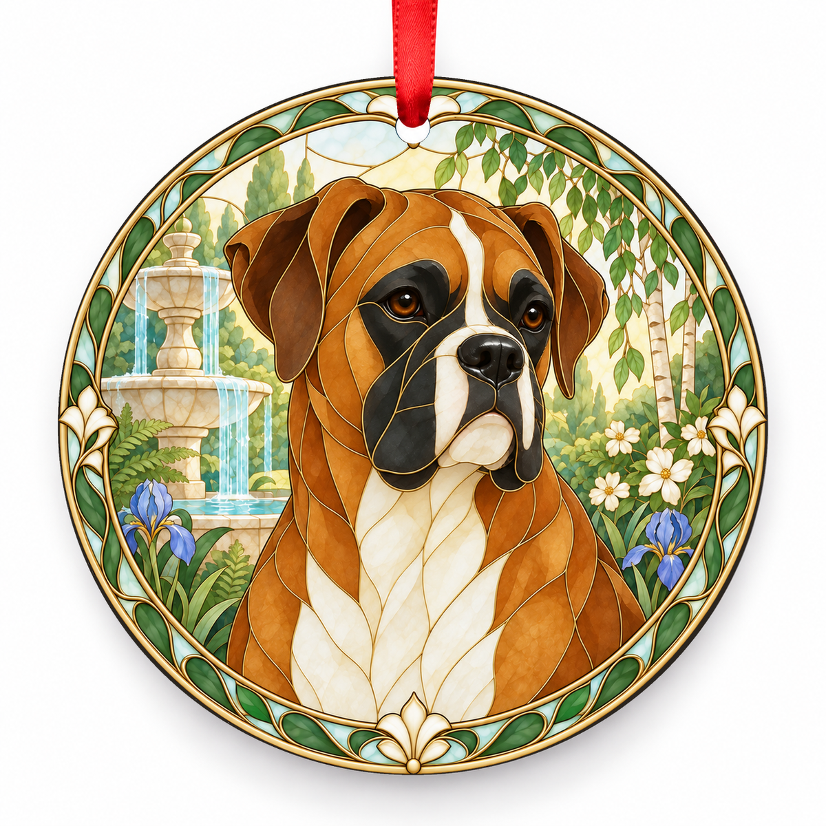 Boxer Fawn and White porcelain Christmas ornament with red ribbon — ORN-10318
