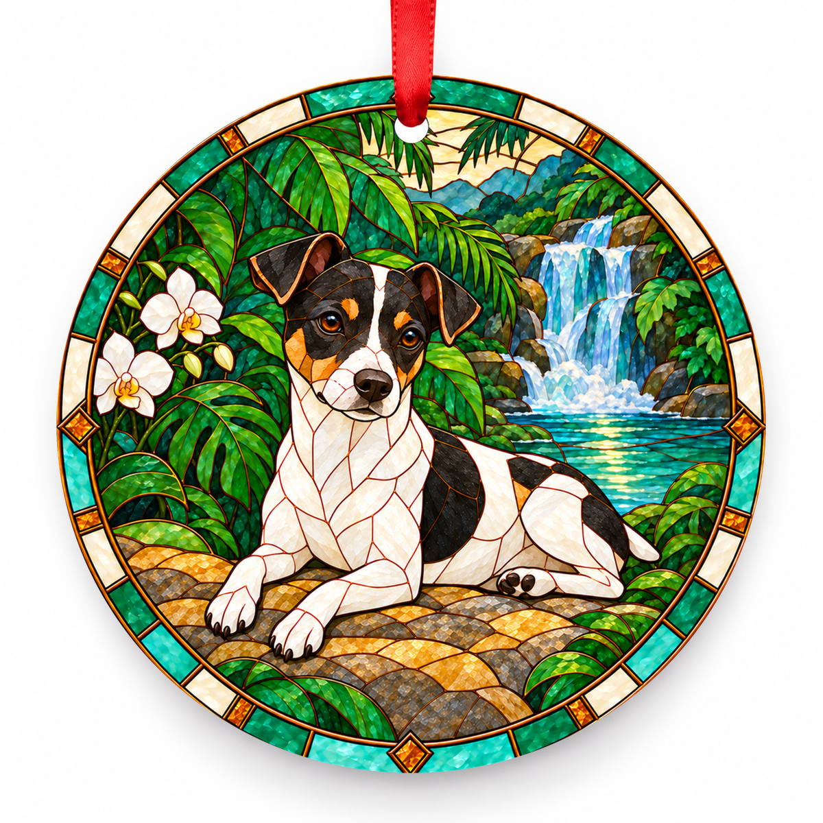 Brazilian Terrier Black Tricolor porcelain Christmas ornament with red ribbon — ORN-10328