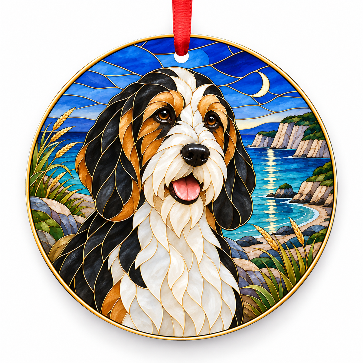 Briquet Griffon Vendéen Black, White and Tan porcelain Christmas ornament with red ribbon — ORN-10336