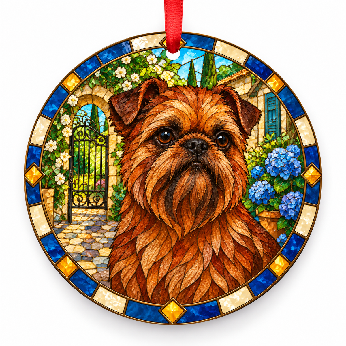 Brussels Griffon Red porcelain Christmas ornament with red ribbon — ORN-10363
