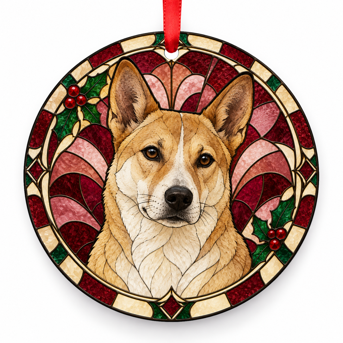 Canaan Dog Sand and White porcelain Christmas ornament with red ribbon — ORN-10387