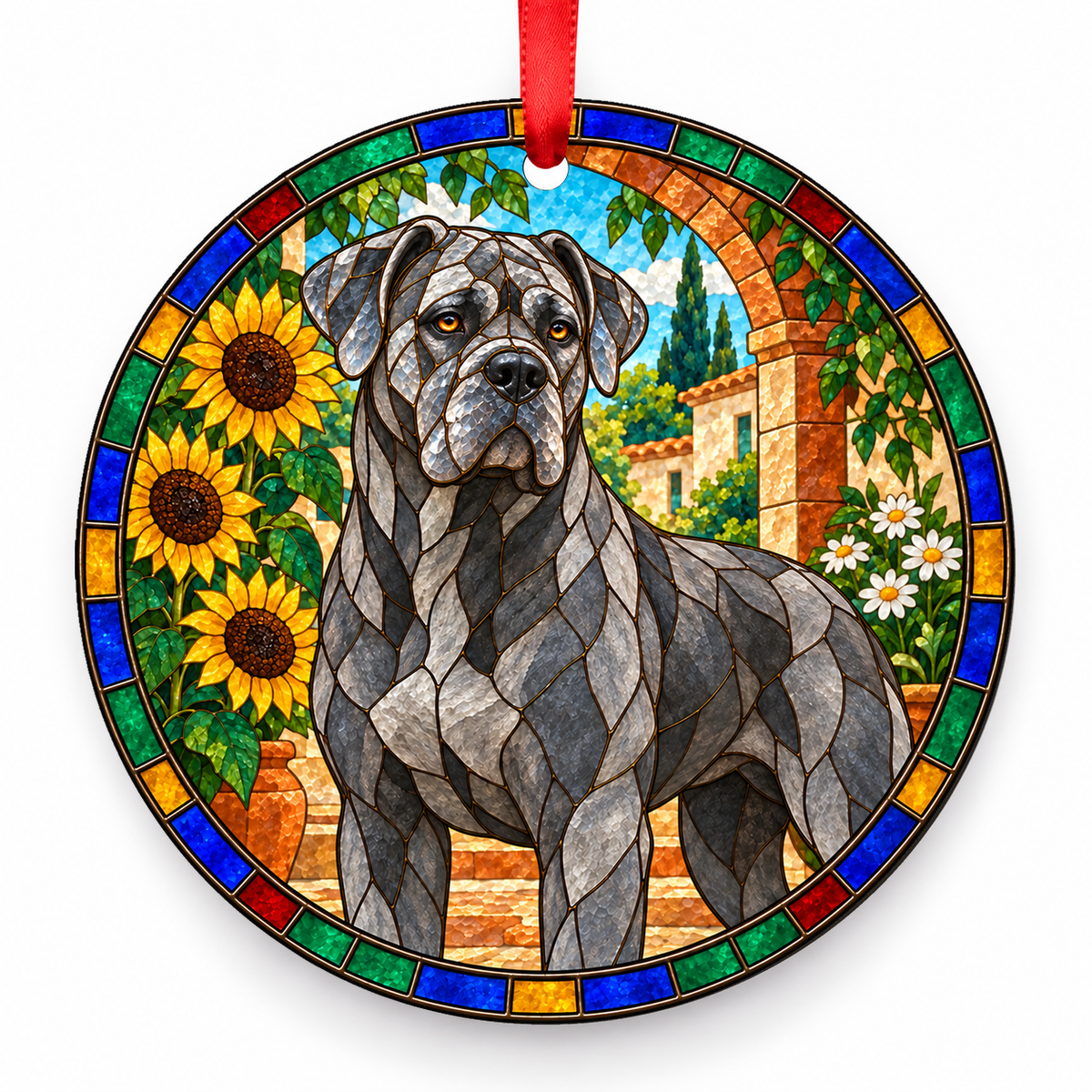 Cane Corso Gray porcelain Christmas ornament with red ribbon — ORN-10397