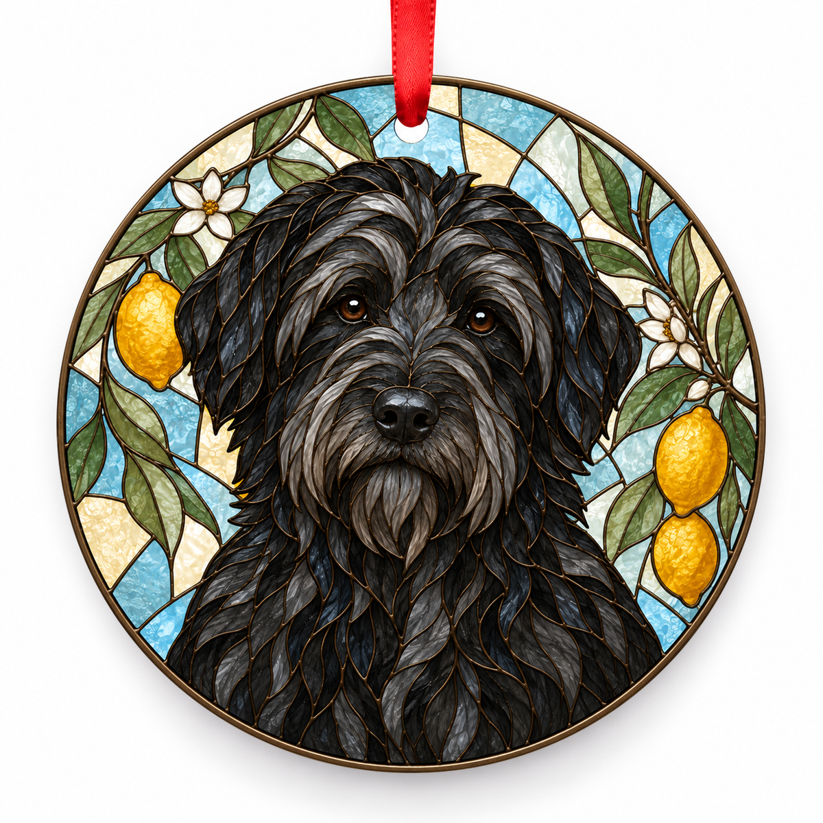 Catalan Sheepdog Black porcelain Christmas ornament with red ribbon — ORN-10406