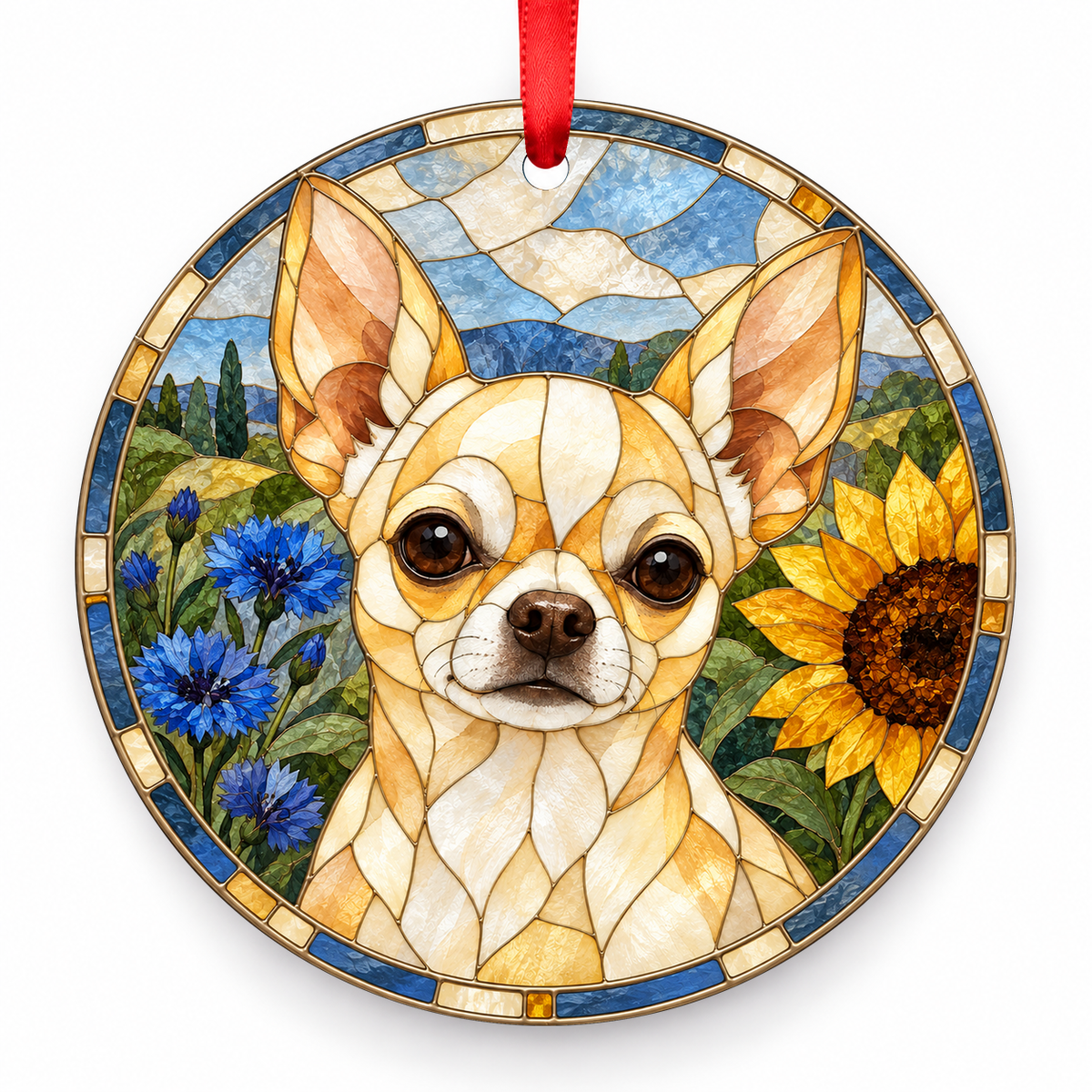Chihuahua Cream porcelain Christmas ornament with red ribbon — ORN-10437