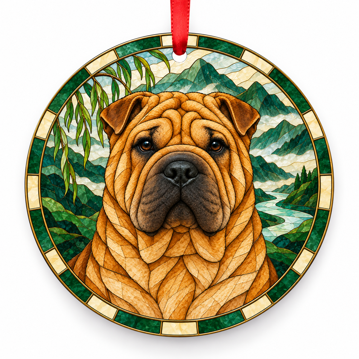 Chinese Shar-Pei Fawn porcelain Christmas ornament with red ribbon — ORN-10447