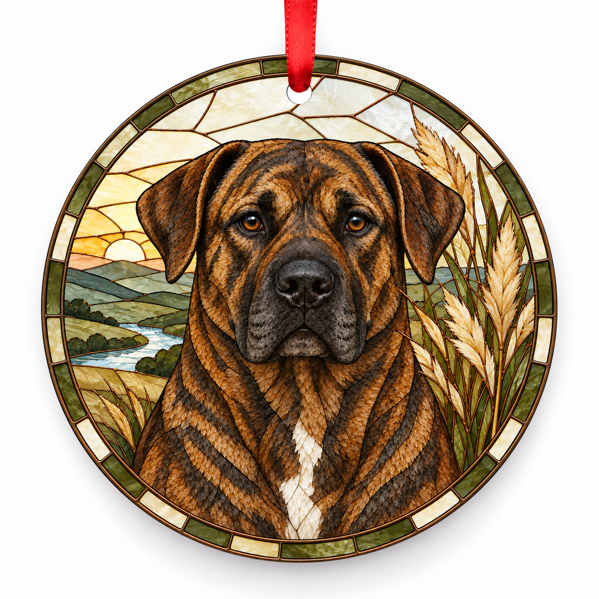 Cimarrón Uruguayo Brindle porcelain Christmas ornament with red ribbon — ORN-10456