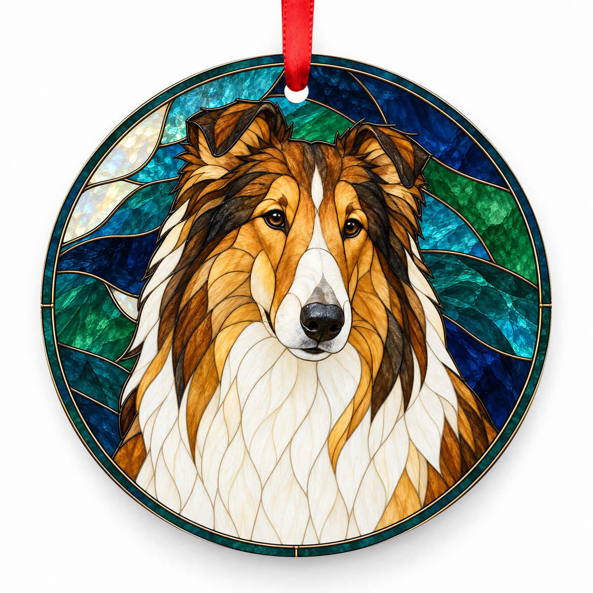 Collie Rough White porcelain Christmas ornament with red ribbon — ORN-10463