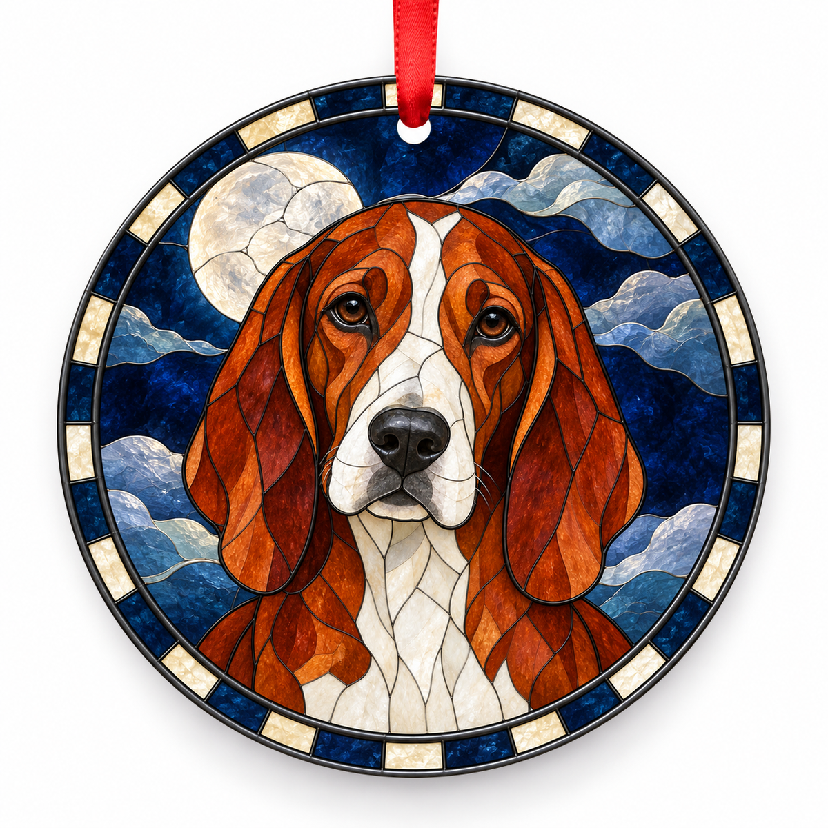 Colombian Fino Hound Red and White porcelain Christmas ornament with red ribbon — ORN-10471
