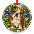 Bulldog Brindle and White porcelain Christmas ornament with red ribbon — ORN-10473