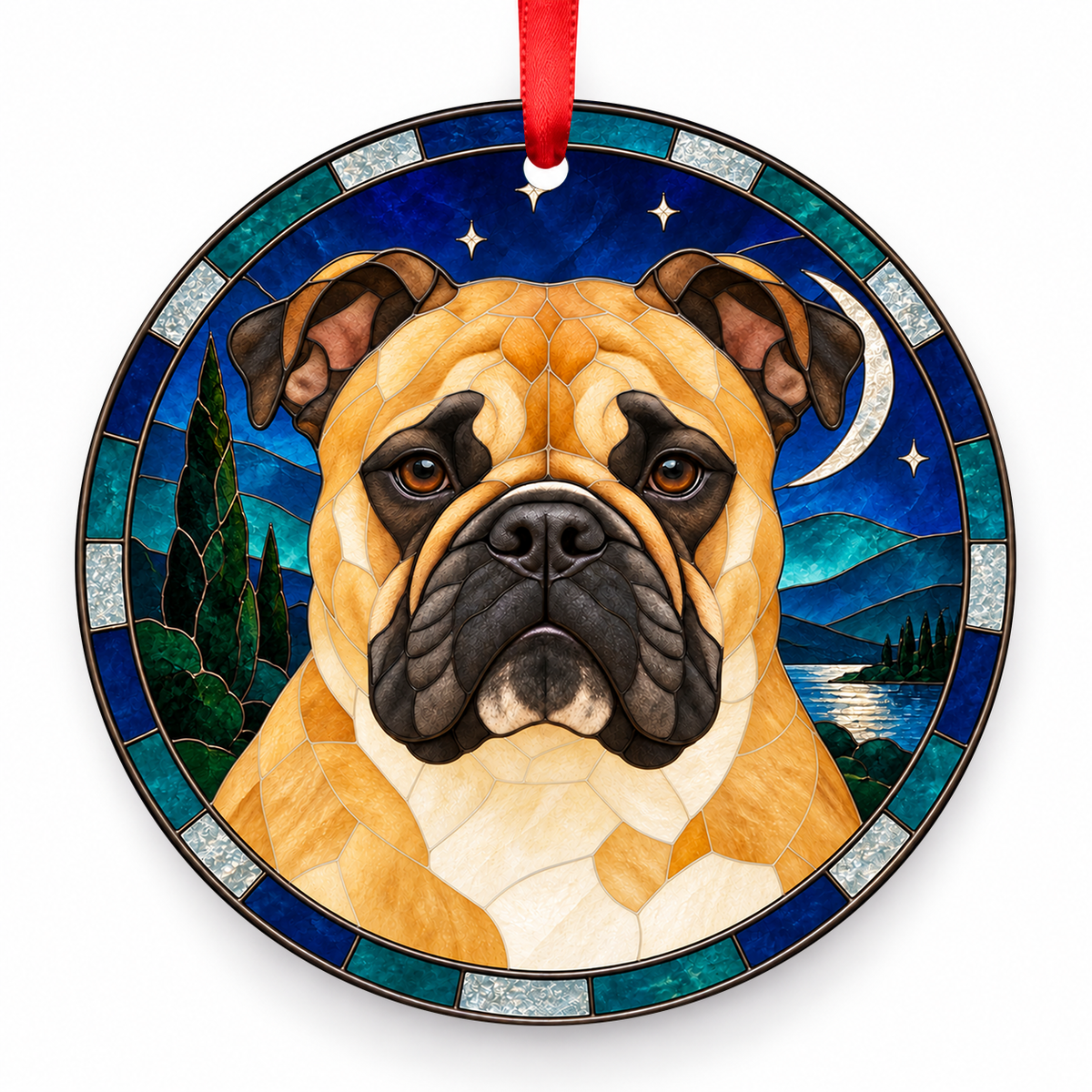 Continental Bulldog Fawn Black Mask porcelain Christmas ornament with red ribbon — ORN-10485