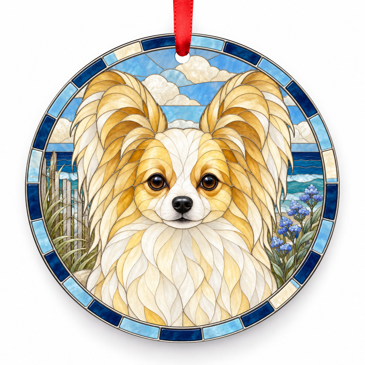 Papillon Lemon and White porcelain Christmas ornament with red ribbon — ORN-10488