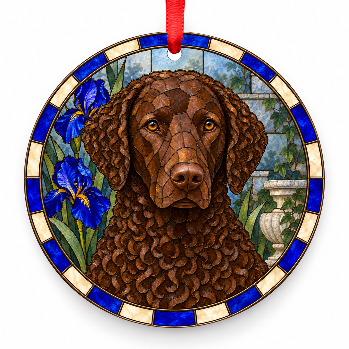 Curly-Coated Retriever Liver porcelain Christmas ornament with red ribbon — ORN-10503